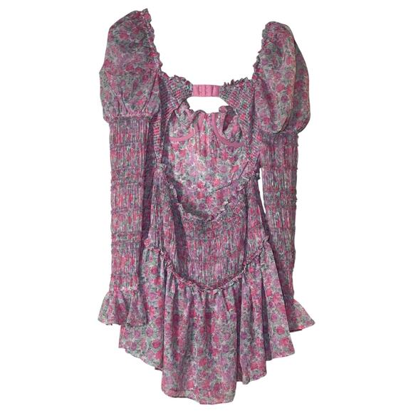 For Love & Lemons Oakley Sweetheart Neck Open Back Floral Mini Dress Pink Size M - Picture 3 of 7